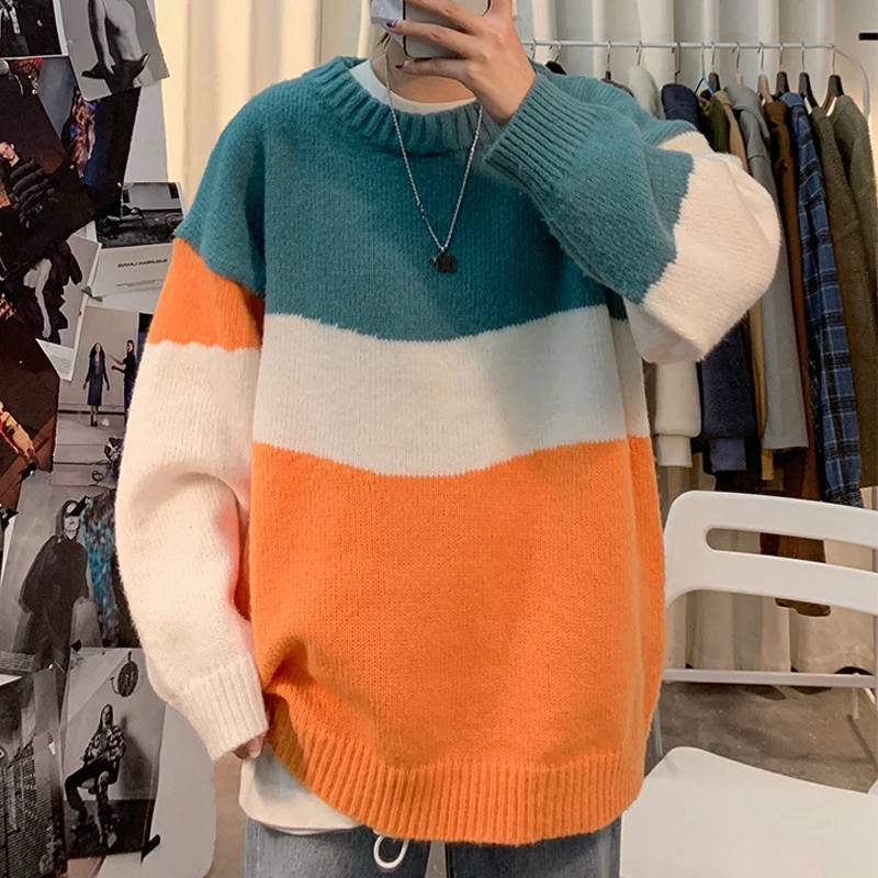 Men Sweater Knitted 2022 Autumn Winter Patchwork Stripe O-Neck Pullover Warm Korean Harajuku Fashion Men Women Oversize Sweaters
