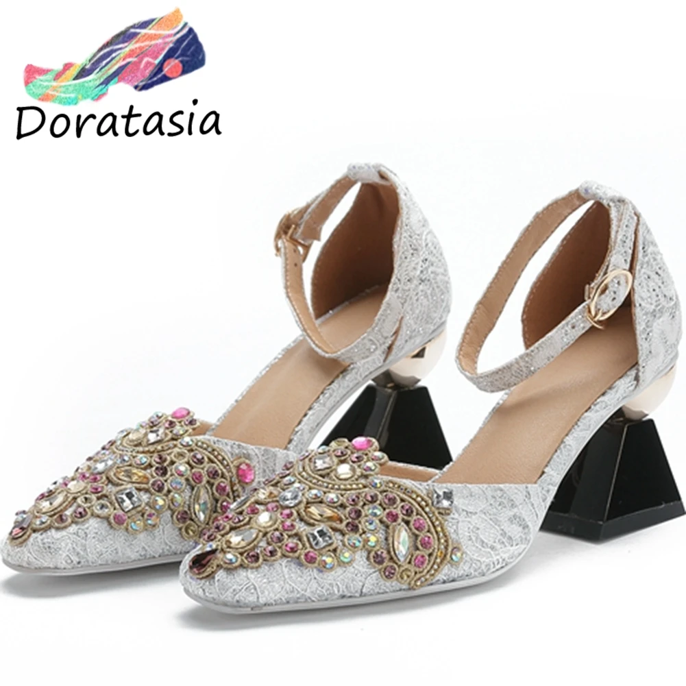

DORATASIA Fashion Women Pointed Toe High Heels Ankle Strap Shoes Casual Office Brand Sandals Women Floral Sandals