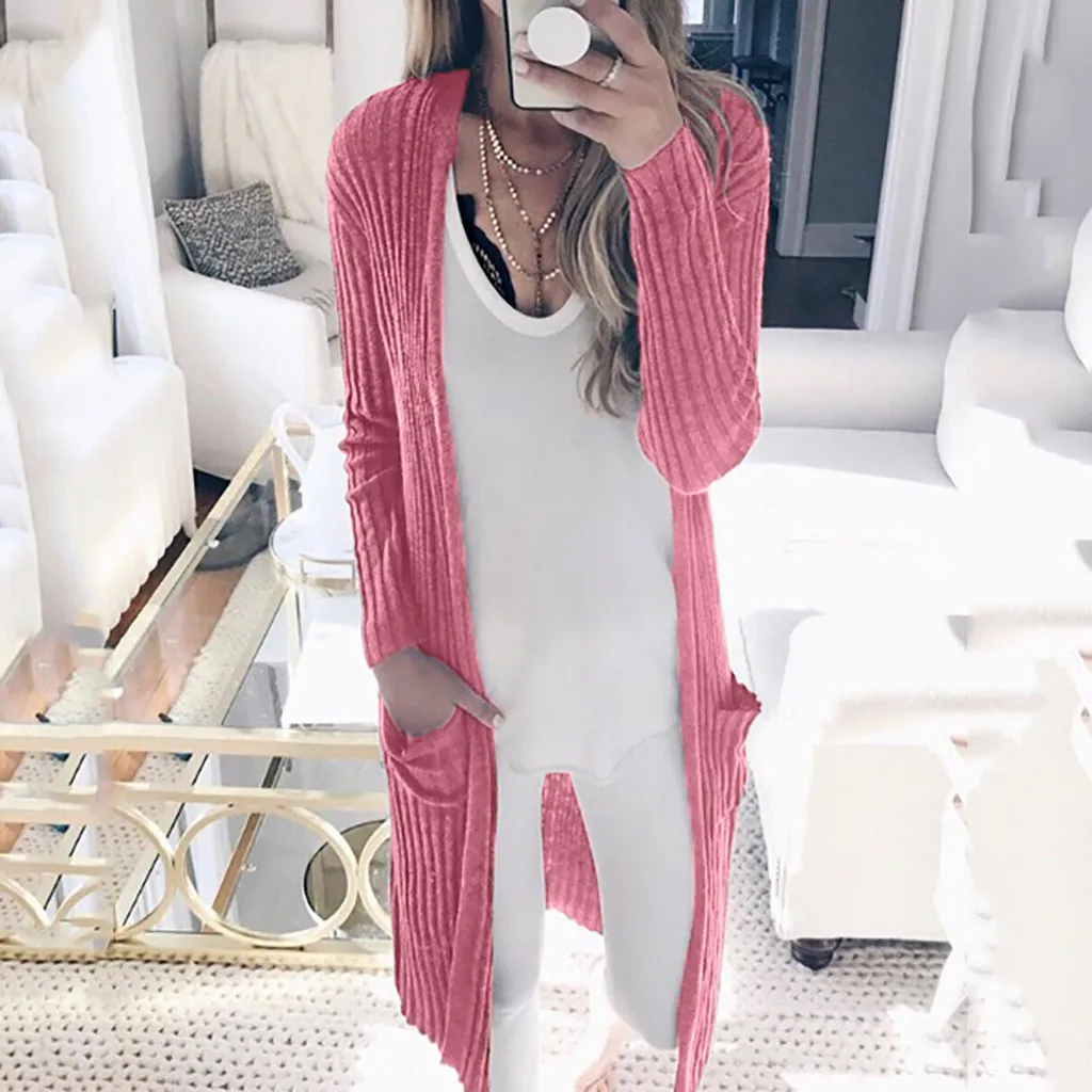 

Autumn Long Cardigan Sweater 2019 Pocket Long Sleeve Open Stitch Casual Sweters Solid Loose Knitting Cardigan Sweater