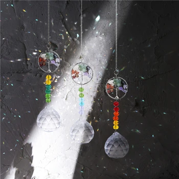 

H&D Clear Crystal Ball With Colorful Life Tree Ornament Rainbow Hanging Pendant Chakra For Wedding Decor Gift(30mm)