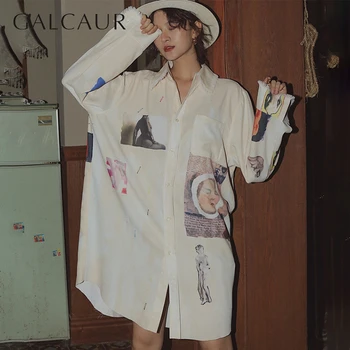 

GALCAUR Korean Carton Print Women's Shirt Lapel Collar Long Sleeve Loose Female Blouse 2020 Oversized Summer Fashion New