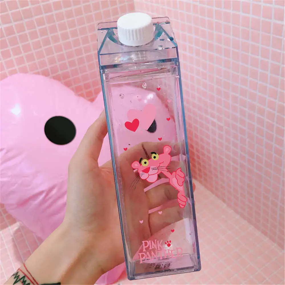02 Мультяшные бутылки для воды, молочная коробка, форма для чая, сока, студентов, напиток для милых чашек, посуда для напитков, розовая пластиковая пантера, бутылка для кофе - Цвет: 02