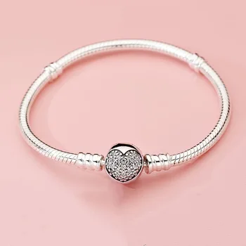 

Authentic 925 Sterling Silver Pan Bracelet New Fashion Heart-shaped Clasp Snake Bone Bracelet Fit Charm Women Jewelry