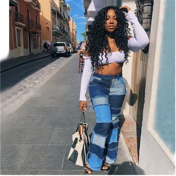 

High Waist Patchwork Straight jeans Fashion Women High Waist Button Skinny Jeans Washed Denim Cowboy Long Pencil Pants