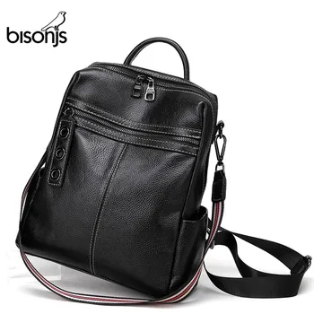 

BISONJS Women Backpack Genuine Leather Fashion Causal Bag black shoulder bags High Quality Backpacks for teenagers B1854