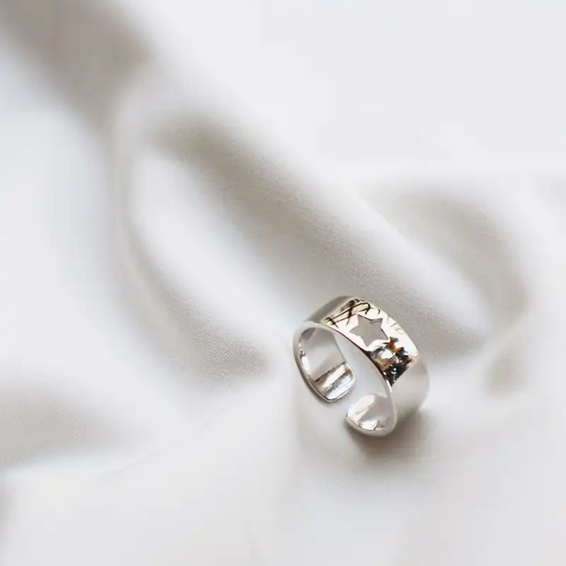 Большое пятиконечное кольцо со звездами 100% стерлингового серебра 925 пробы ювелирное полированное оправа на леске регулируемое женское шир...