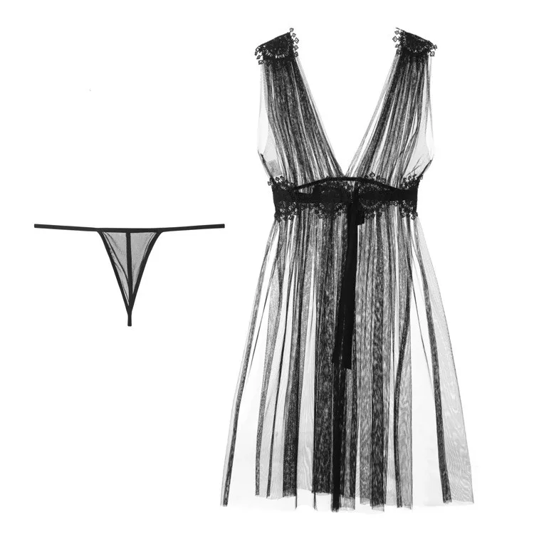 2020 Women 1 Set Chemises Babydolls + T-back Sexy Temptation Dress Lingerie Ultrathin Lace Underwear Transparent Wife Gift