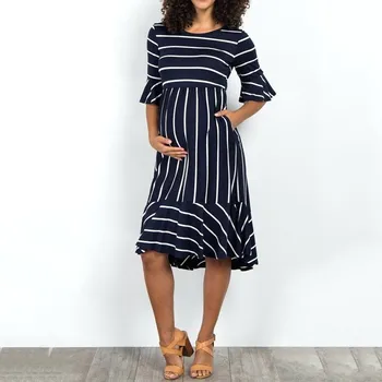 

Fashion Womens maternity dresses Cotton O-neck Mother Flare Sleeve Striped Pregnancy Summer Sundress Purchasing Free shipping H4