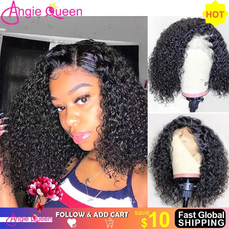 ANGIE QUEEN Curly Bob Human Hair Lace Front Wig Natural Color 4x4 Lace Closure Brazilian Short Bob Wig 150%Density Remy Hair Wig
