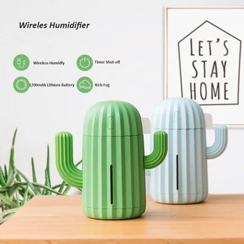 

340ML USB Cactus Air Humidifier Battery Operated Rechargeable USB Aroma Essential Oil Diffuser with Warm Light Air Purifier CUTE