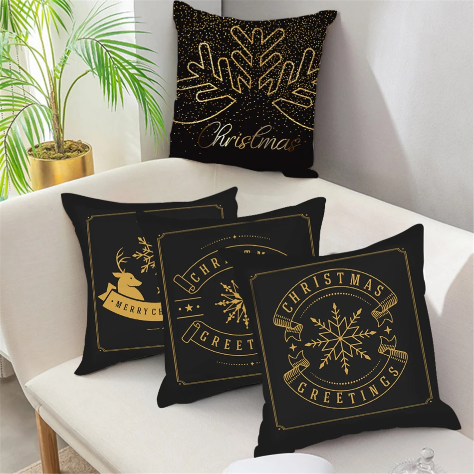 

Fuwatacchi 2020 Christmas Decorative Cushion Cover Xmas Elk Deer Tree Wreath Throw Pillow Cover Home Decor Black Gold Pillowcase