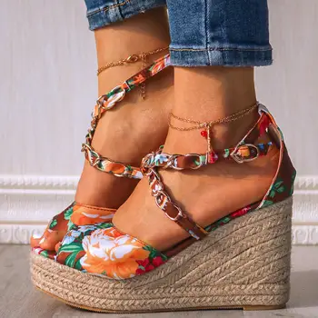 

GIGIFOX New 9 Colors Borwn Flower Printed Summer Wedges Sandals Women Platform High Heels Shoes