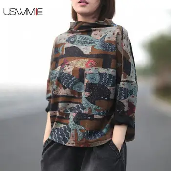 

Oversized T Shirt Autumn Leisure Retro Long Sleeve Turtleneck Harajuku Printing Hit Color Comfort Bottoming Basic T Shirt Women
