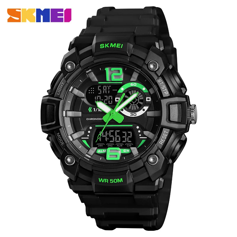 Green SKMEI Военные спортивные часы мужские модные двойные цифровые водонепроницаемые светящиеся часы кварцевые наручные часы montre homme 1529 - Цвет: Green