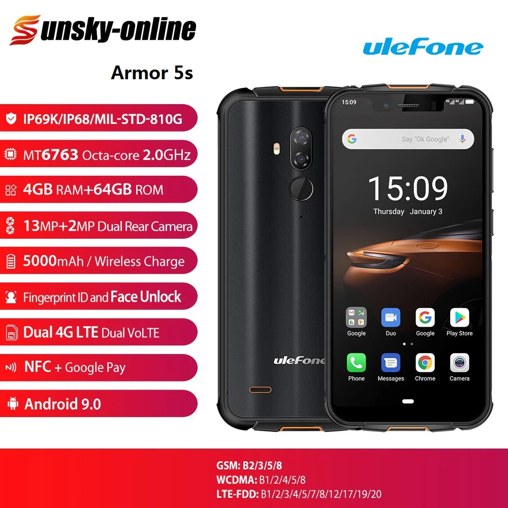 Ulefone Armor 5S IP68 водонепроницаемый прочный смартфон Otca core Android 9 0 4 Гб + 64 Dual SIM 4G