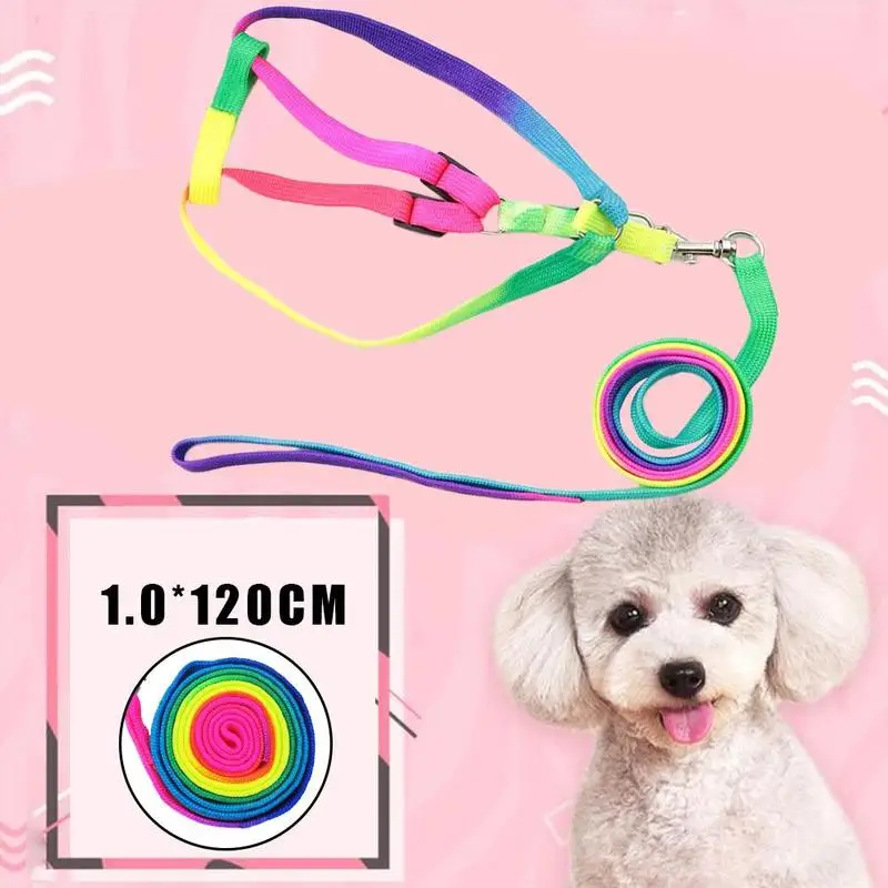 

Adjustable Breakaway Rainbow Nylon Small Rabbit Cat collar leash breast-band Dog lead Harness set goods for Pets