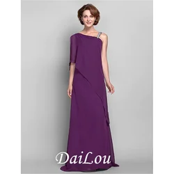 Sheath / Column Mother of the Bride Dress Elegant One Shoulder Floor Length Chiffon Sleeveless With Beading 2022
