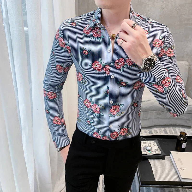 Повседневные мужские рубашки, модные нарядные Клубные наряды Chemise noøl Homme French Shirt Slim Fit Printed Camisas Para Homem