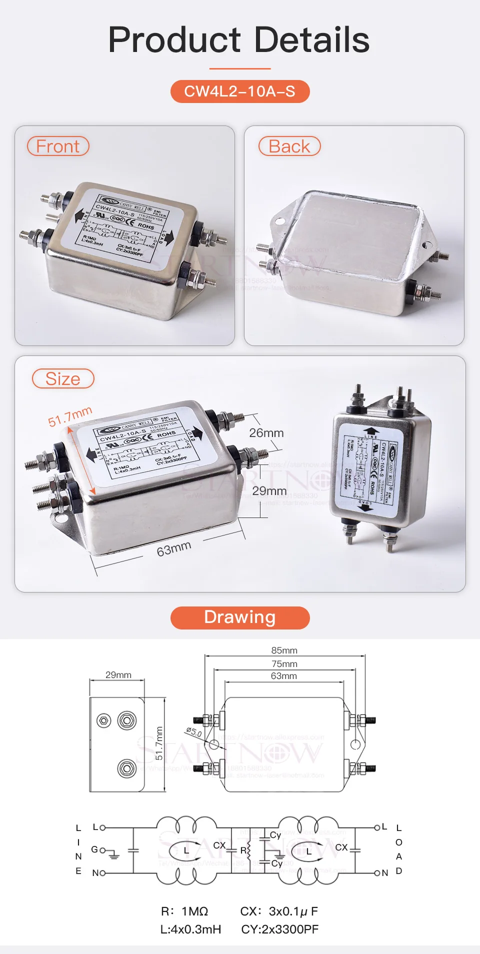 Startnow Мощность EMI фильтр CW4L2-10A-S EMI фильтр однофазный 10A 115V 250V CW4L2 50/60 Гц