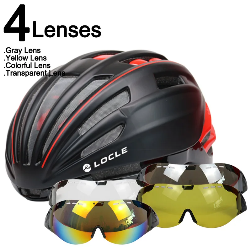 LOCLE двухслойный дорожный горный велосипедный шлем MTB с очками велосипедный шлем 280 г Casco Ciclismo велосипедный шлем - Цвет: Black Red 4 Lenses