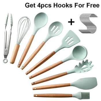 

9pcs Silicone Utensil Non-stick Kitchen Utensil Sets Shovel Spatula Cooking Tools Wooden Handle Cookware Turner Kitchen Gadget
