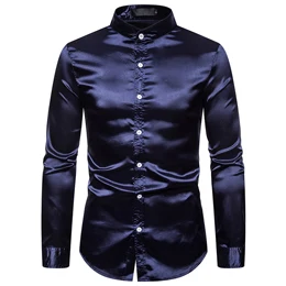 navy blue Шелковая атласная Мужская рубашка, новинка, мужская рубашка со стоячим воротником, гладкий смокинг, Повседневная приталенная рубашка для свадьбы, Camisa Hombre Chemise Homme - Цвет: navy blue