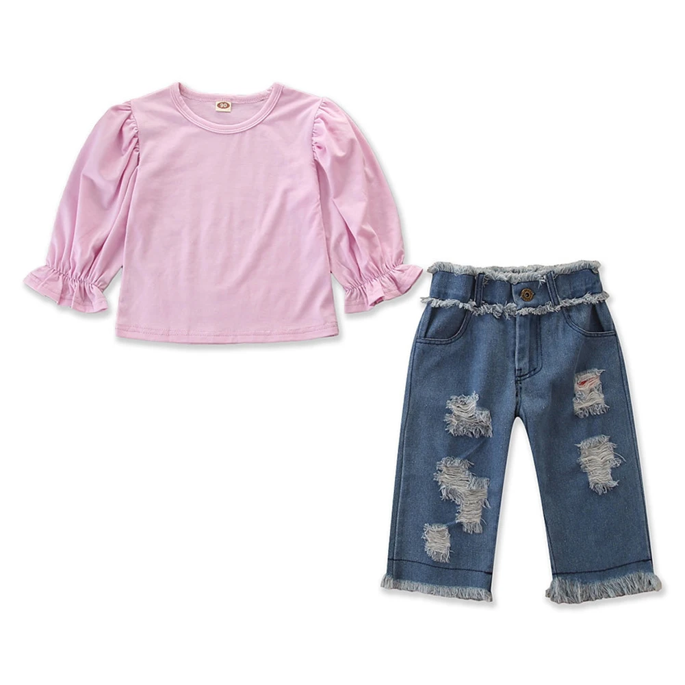 

Cute Baby Girls Kid Shirt Long Sleeve Top Hole Jeans Denim Pants 2pcs Toddler Girls Outfits Clothes