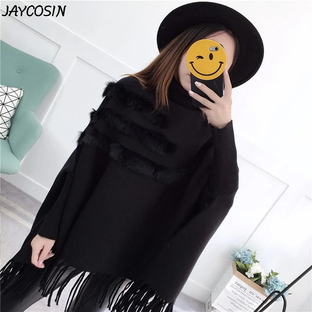 JAYCOSIN, женские свитера, одноцветная водолазка, длинный рукав, кисточка, Вязаный плащ, шаль, свитер, повседневный зимний свитер, пуловер, топы