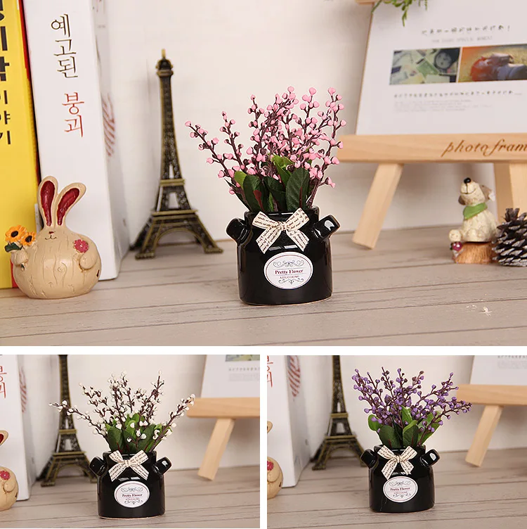 Artificial Flowers Potted Silk Plum Blossom Orchid Branch Bonsai Decorative Plant Wedding Decor With Vase 1 Set(Plants+Vase) Qw148 (2)