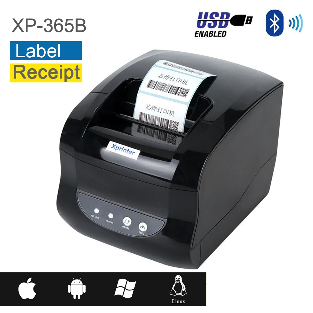 Xprinter XP-365B 20 to 80mm Sticker Thermal Printer Bluetooth USB Barcode Labels Receipt Printer For Pos Labeling Machine