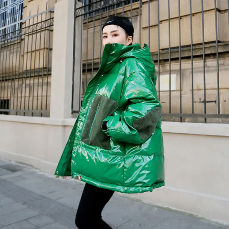 Harajuku Bright Color Warm Thick Cotton Clothes Winter Coat Women Loose Bread Hooded Coat Women Short Hooded Jacket QH291 - Color: green gray