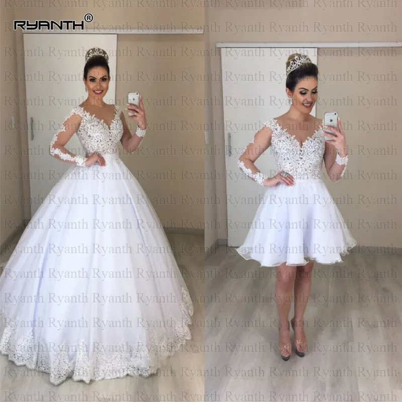 

Vestido de noiva 2019 New Arrival 2 en 1 Princess Ball Gown Wedding Dress Sexy Sheer Illusion Long Sleeves Lace Wedding Gowns