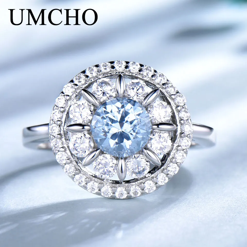 UMCHO, S925 Стерлинговое Серебро, кольца для женщин, голубой топаз, кольцо с драгоценным камнем, подушечка из аквамарина, романтический подарок, обручальное ювелирное изделие