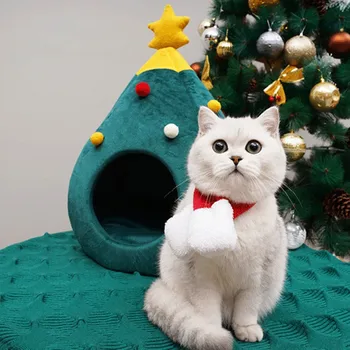 

Puppy Pet Cat Cave Bed kennel Bed Christmas Tree Shape Semi-Closed Pet Nest House House Sleeping BagPets Winter Warm Cozy Beds