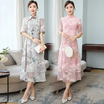 

2020 Summer China Style Women Chiffon Dress Elegant Floral Embroidery Slim Midi Loose Party Robe Dress Kaftan Vestidos Tunic