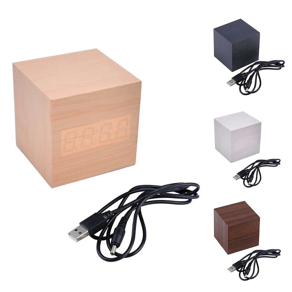 Lovely Cube Wooden Clock Voice Control LED digital alarm clock Desk Snooze Electronic table Watch Nixie Wood Bedside Alarm Clock