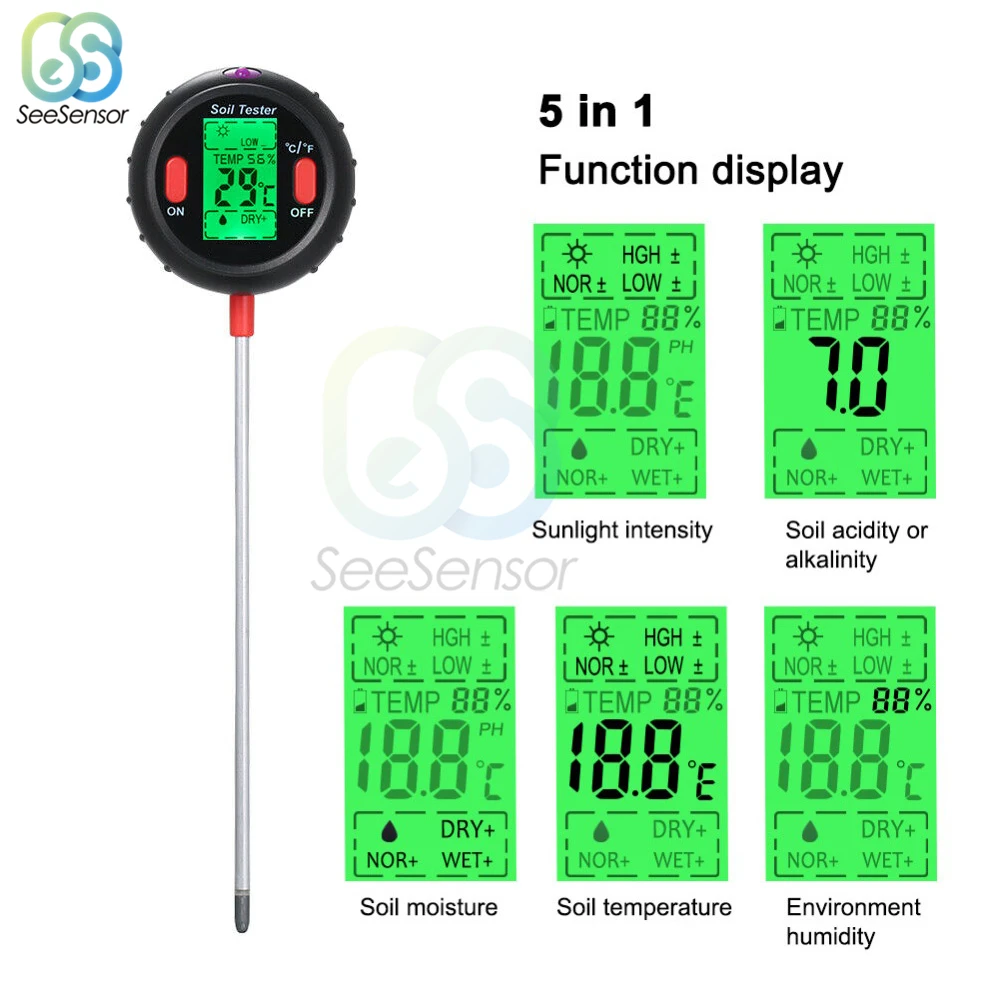 Testeur de Sol 5-EN-1 pH-mètre,Testeur de Thermomètre de Plante Numérique  avec éclairement/Température/Humidité du Sol/PH du Sol/Humidité de