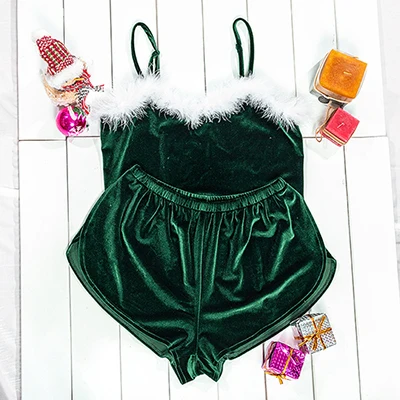 Сексапильный укороченный топ и шорты викторианого ключа в стиле пэчворк с перьями, Винтажный Зеленый Бархатный пижамный комплект, женская пижама, комплект одежды для сна на Рождество - Цвет: Green