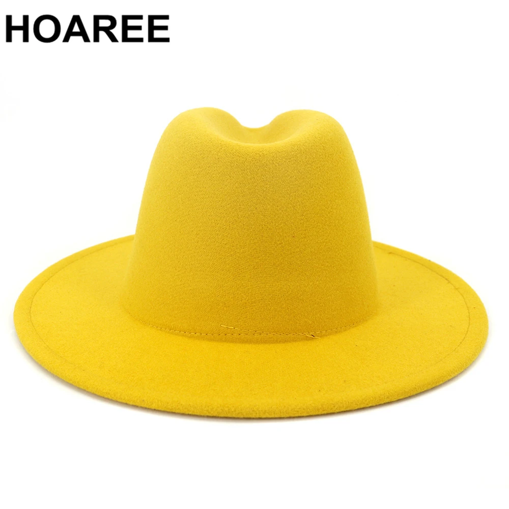 

HOAREE Fedora Panama hat Yellow Purple Patchwork Wool Felt Jazz Cap Male Female Wide Brim Vintage Cowboy Trilby Hat