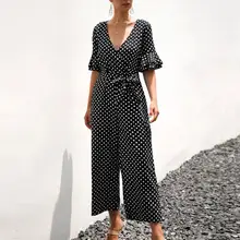 Dot Printed Women Jumpsuits V-Neck Short Sleeve Strappy Hight Waist Wide leg Belt Rompers Monos de Fiesta 2020 Drop Shipping