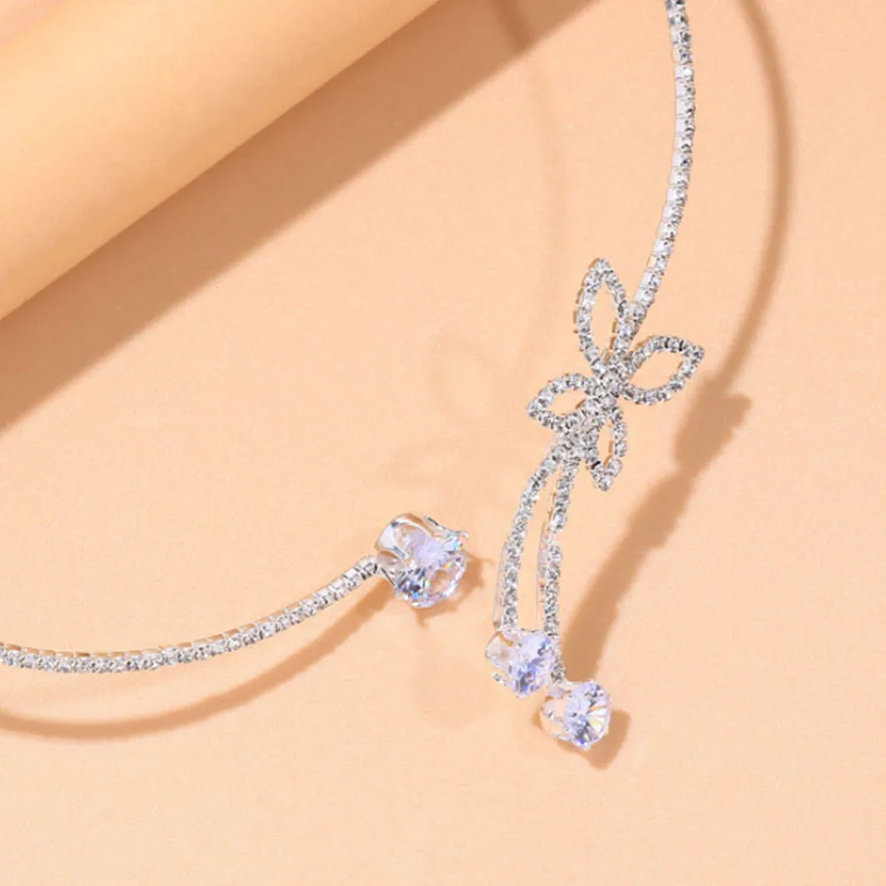 Exquisite Rhinestone Adjustable Open Butterfly Collar Torques Jewelry for Women Crystal Round Choker Necklace Bangle Accessories