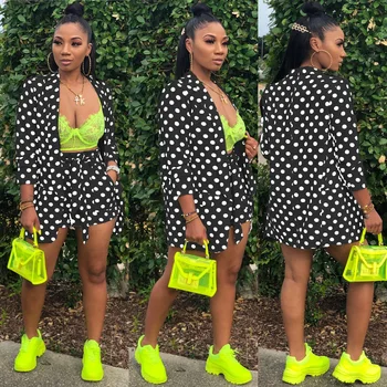 

Polka Dot Sexy Two Piece Blazer Set Women Full Sleeve Open Stitch Long Coat + Tie Bow Shorts Sweat Suits Vintage Matching Set