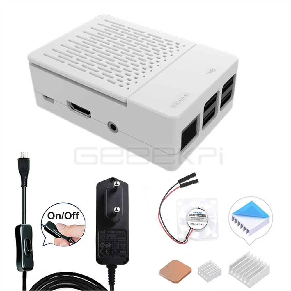 GeeekPi ABS черный/белый чехол Корпус коробка+ радиаторы+ вентилятор охлаждения для Raspberry Pi 3 B+ Plus/3 B/2 B - Цвет: White with Power