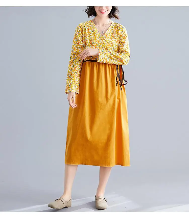 Johnature корейское простое удобное женское платье с цветочным принтом, v-образным вырезом и карманами, осень, новые модные ретро платья с длинным рукавом - Цвет: Цвет: желтый