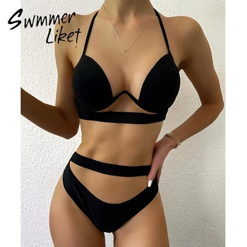 

High waist bikini 2020 Hollow out swimwear female Push up swimsuit women Halter biquini Sexy beach wear Black bathing suit new