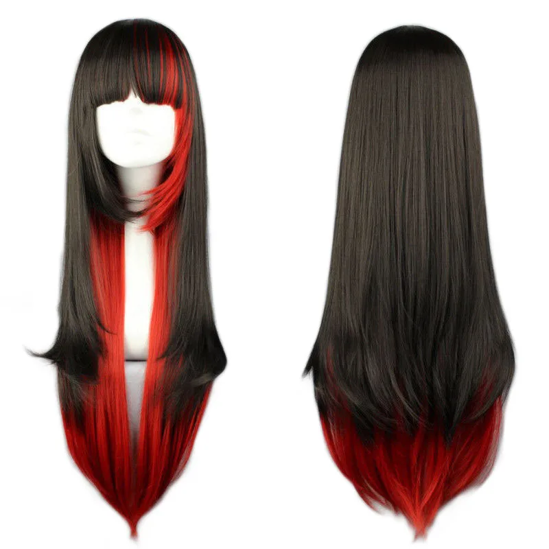 

QQXCAIW Long Straight Cosplay Wig Women Costume Party Black Red Ombre Heat Resistant Synthetic Hair Wigs