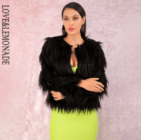 BLACK LOVE& LEMONADE сексуальное короткое пальто из искусственного меха в темную полоску с круглым вырезом LM90122 осень/зима - Цвет: BLACK