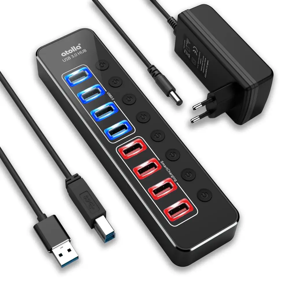 Ведущий usb-концентратор 3,0, atolla Алюминий 8-Порты и разъёмы USB концентратор с 4 USB 3,0 данных Порты и 4 с usb-портом и зарядкой Порты, USB разветвитель с - Цвет: EU plug