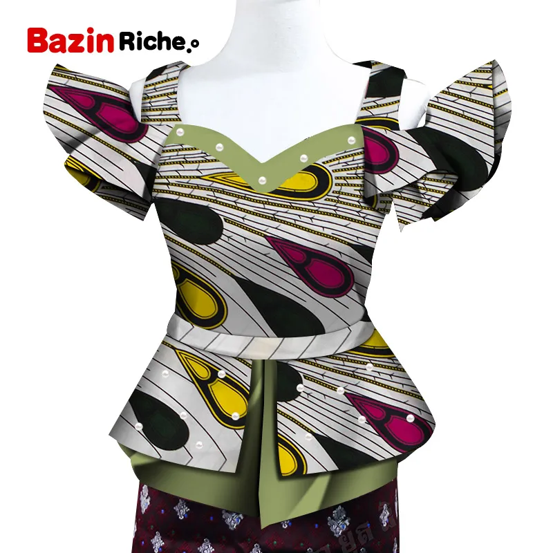 Fashion Shirt African Print Top for Women Bazin Riche Pearls Double Ruffles Top Cotton Dashiki African Clothing WY5096