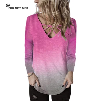 

V Neck Personality Cross Rainbow Gradient Print Color T-shirt Long Sleeve Large Size Tee 2019 Female Hot Selling